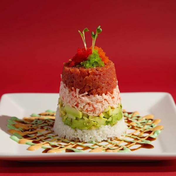 Sushi tower with layers of rice, avocado, crab, tuna, and roe, drizzled with sauces.